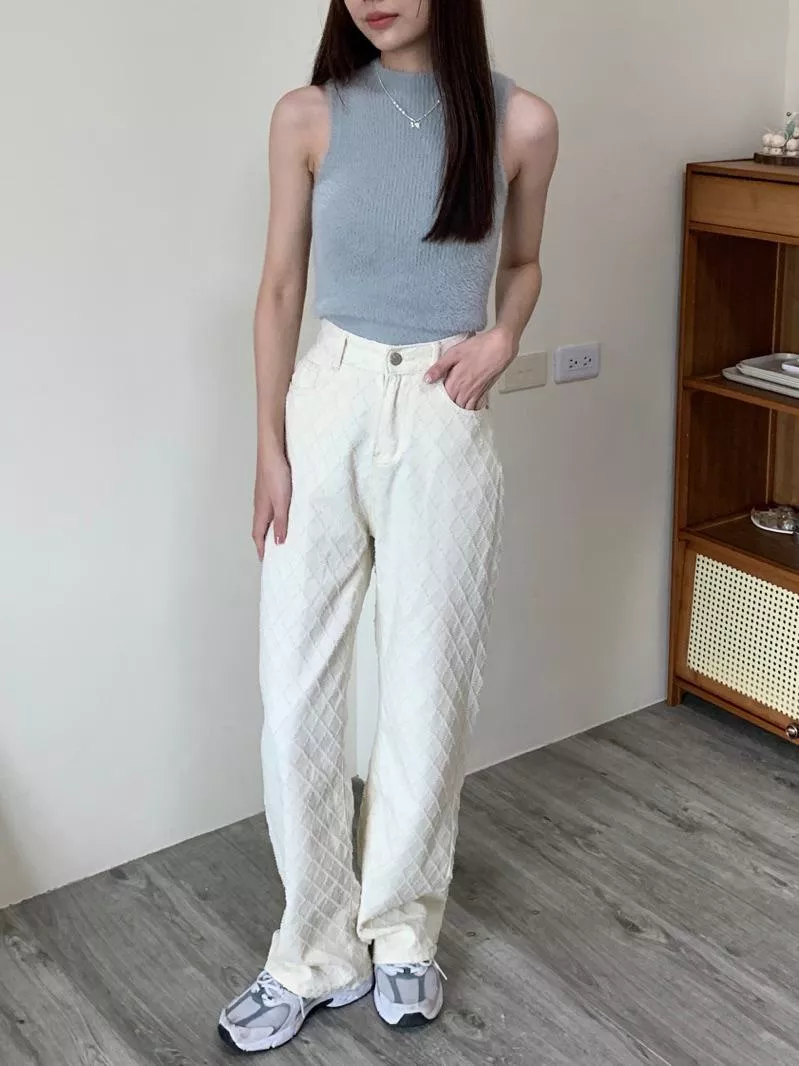 奶白菱格時尚設計長褲