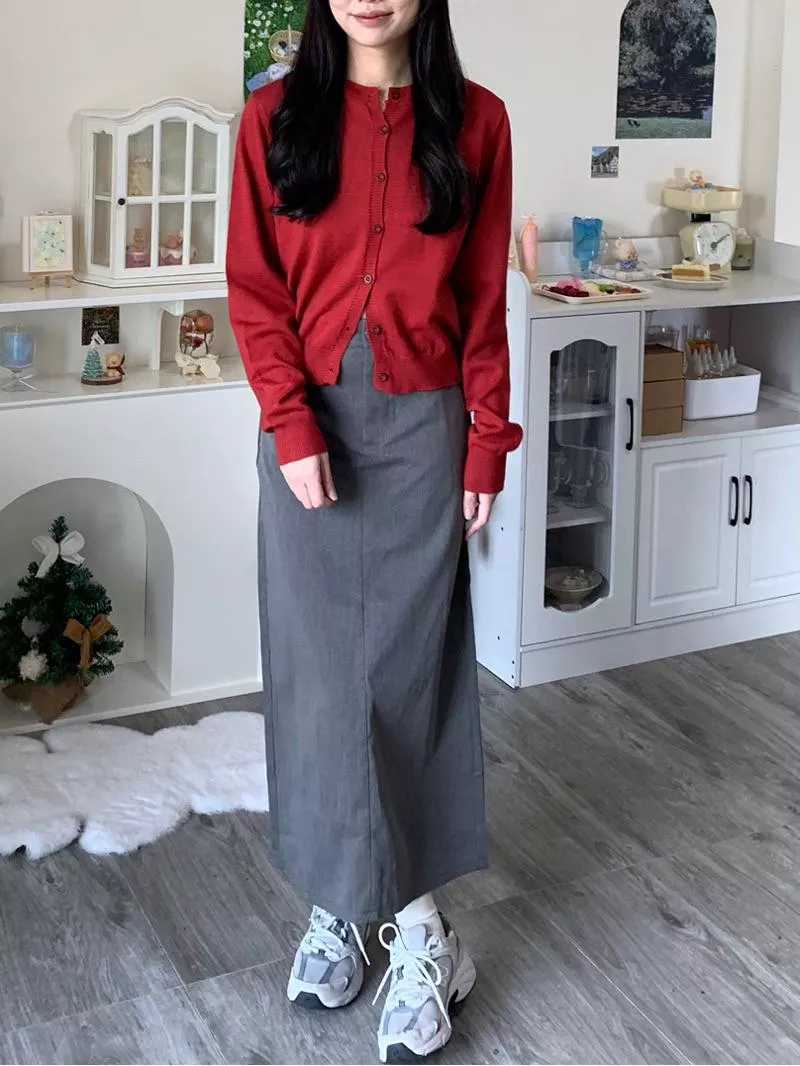 質感格雷灰後開衩高腰修身長裙｜鬆弛感｜上班