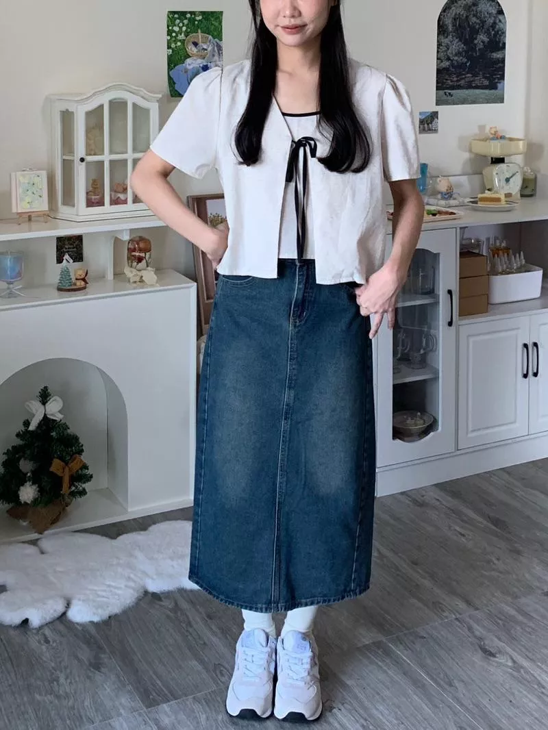 復古刷色收腰後開衩牛仔長裙（側邊可調腰圍）｜百搭
