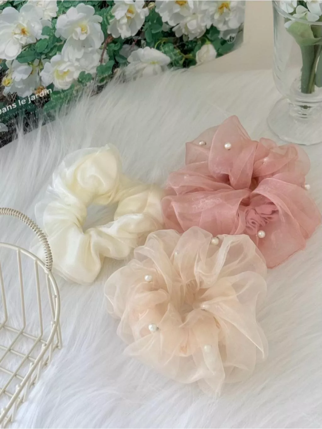 仙女奶油光澤/珍珠之心髮圈｜大腸圈｜頭飾