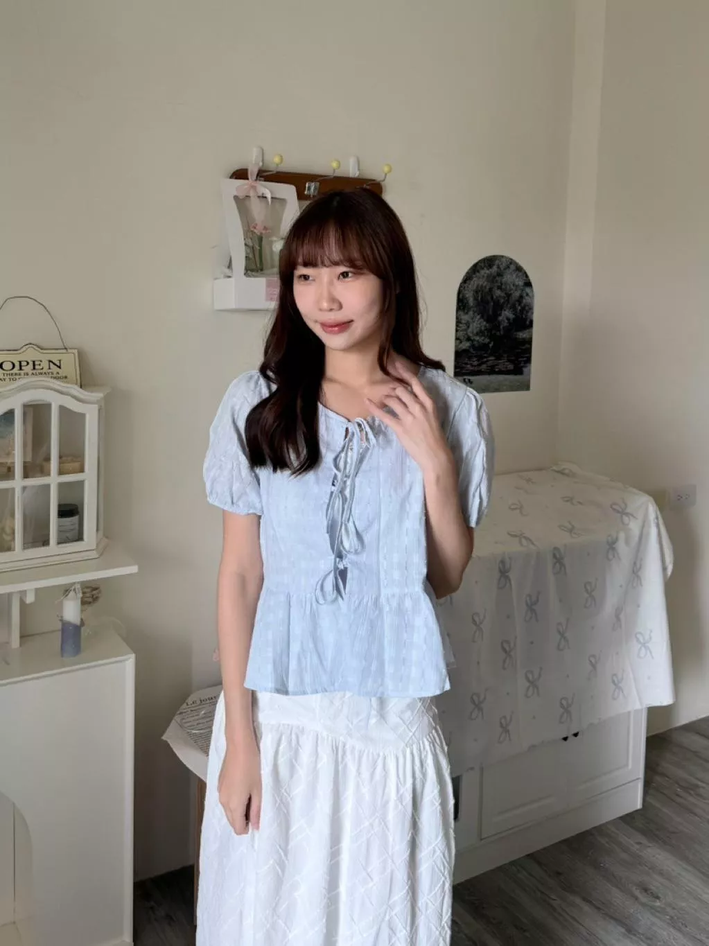 晴藍微甜綁帶泡泡袖短襯衫｜甜美風