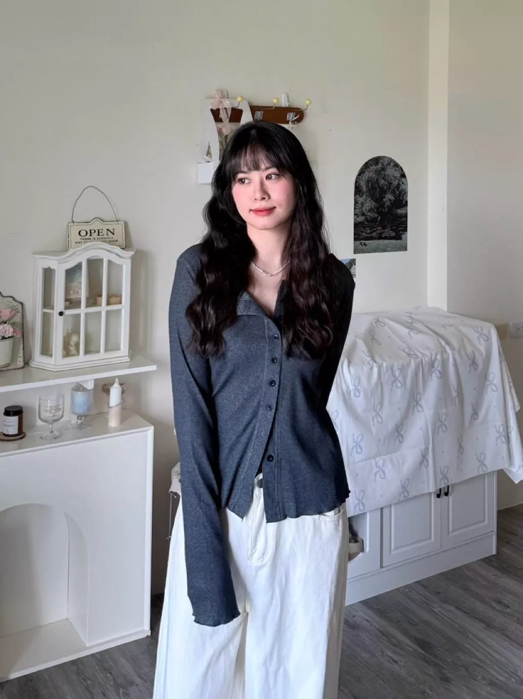 秋意灰韻排扣長袖針織上衣｜休閒