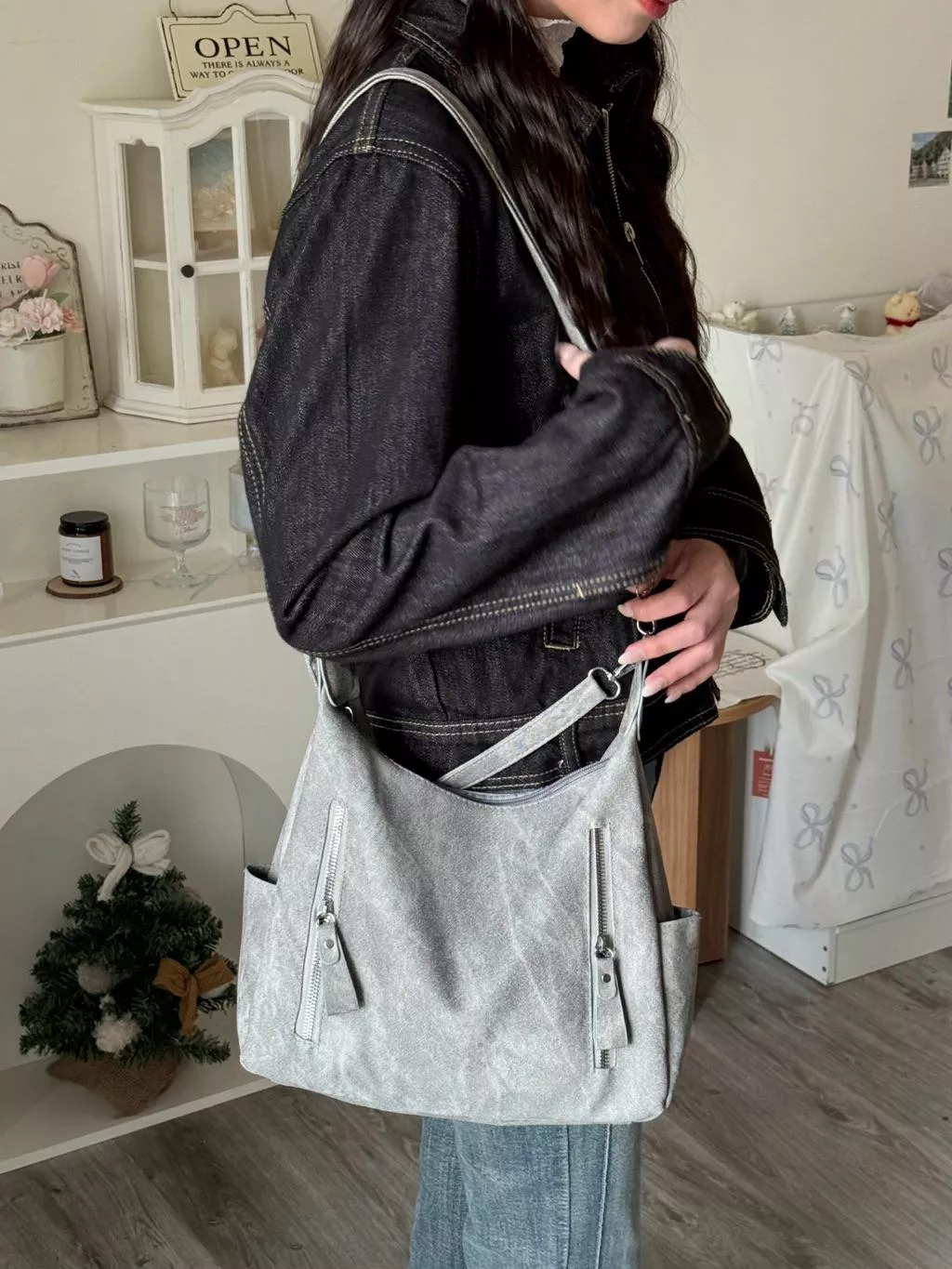 大理石灰大容量肩背包｜手提/肩背/側背