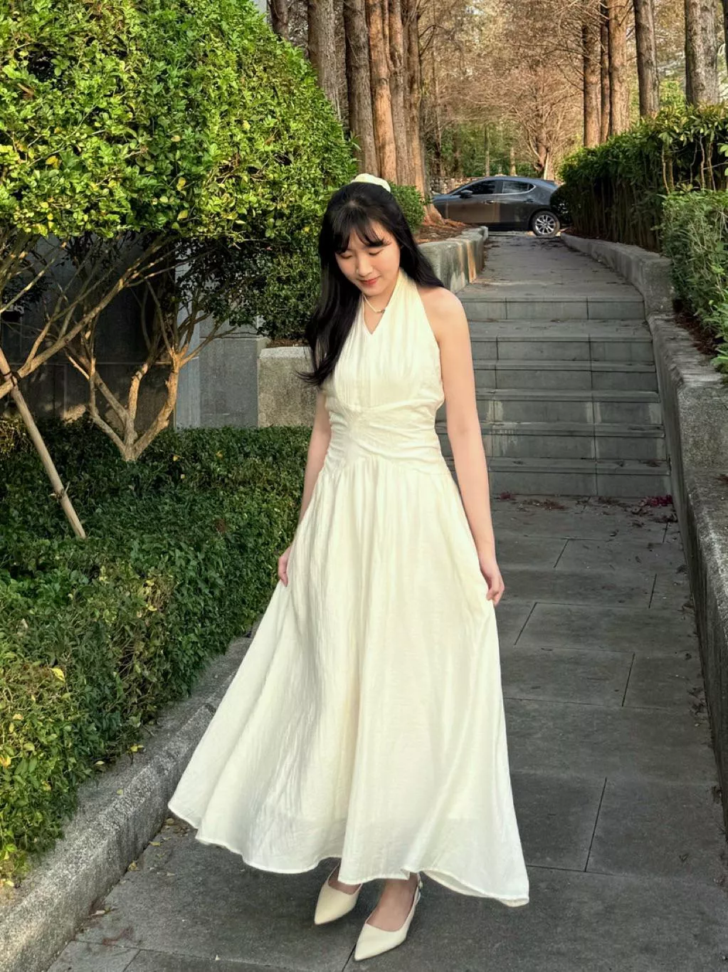 [現貨] 逆光交織削肩交叉抓皺顯瘦長洋裝｜出遊渡假