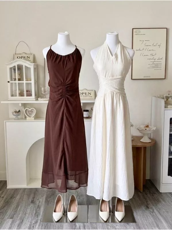 [現貨] 午夜可可削肩抽褶長洋裝