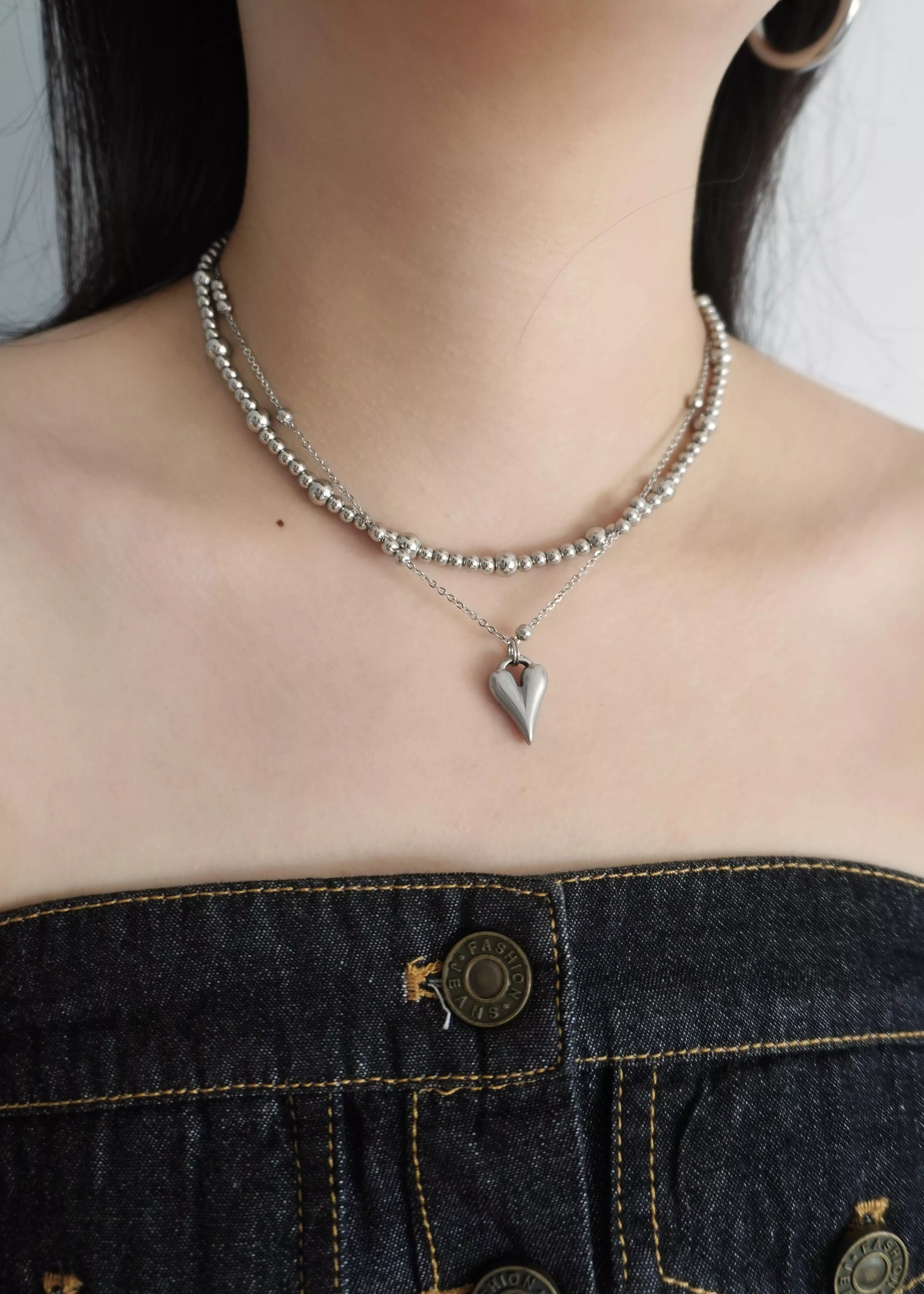 J03｜Heart & Bead Layered Necklace Set
