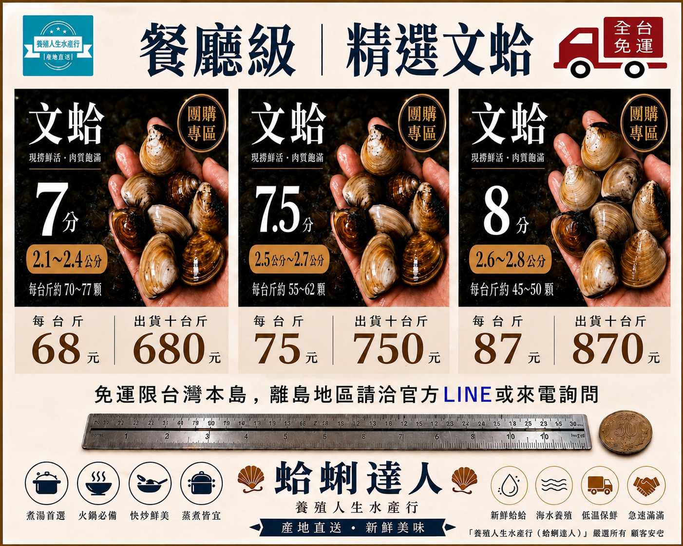 免運團購雲林文蛤｜蛤蜊 10台斤｜7分・7.5分・8分規格任選