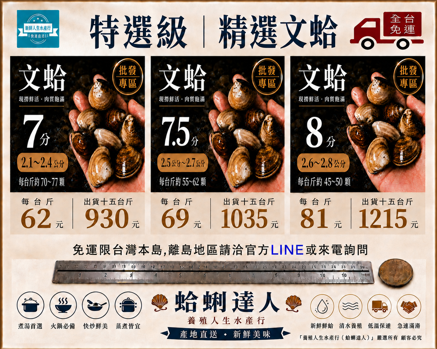免運批發雲林文蛤｜蛤蜊 15台斤｜7分・7.5分・8分規格任選