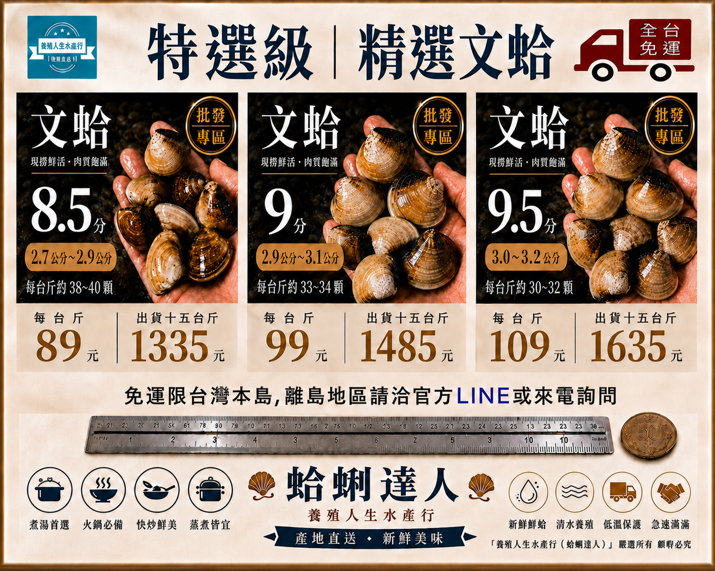 免運批發雲林文蛤｜蛤蜊 15台斤｜8.5分・9分・9.5分規格任選