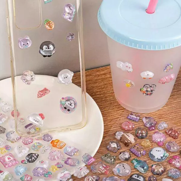 3D立體浮雕貼紙女孩兒童卡通動物寶石貼畫鑽石手機殼裝飾水晶滴膠防水手帳顏值高透明貼貼紙水杯手機貼