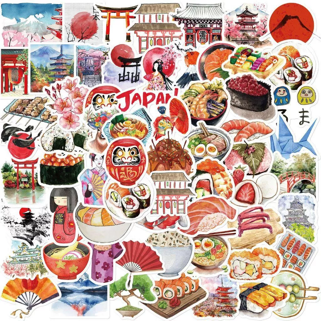 64張入 水彩风日本文化元素 日本料理 日本風景 防水 PVC 貼紙
