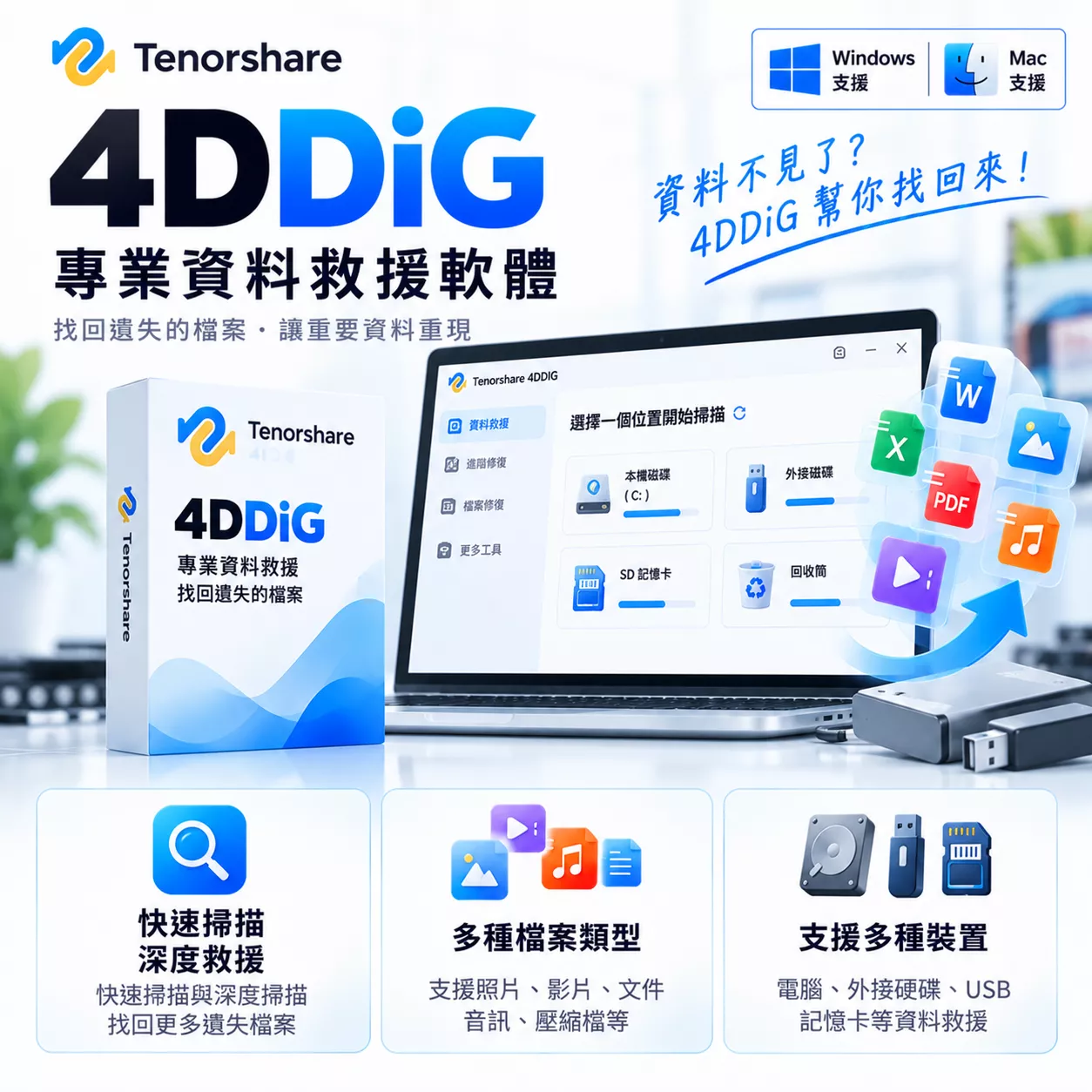 Tenorshare 4DDiG 數據 檔案資料救援/恢復 英文、繁體中文 電腦硬碟 資料 隨身碟救援 照片影片