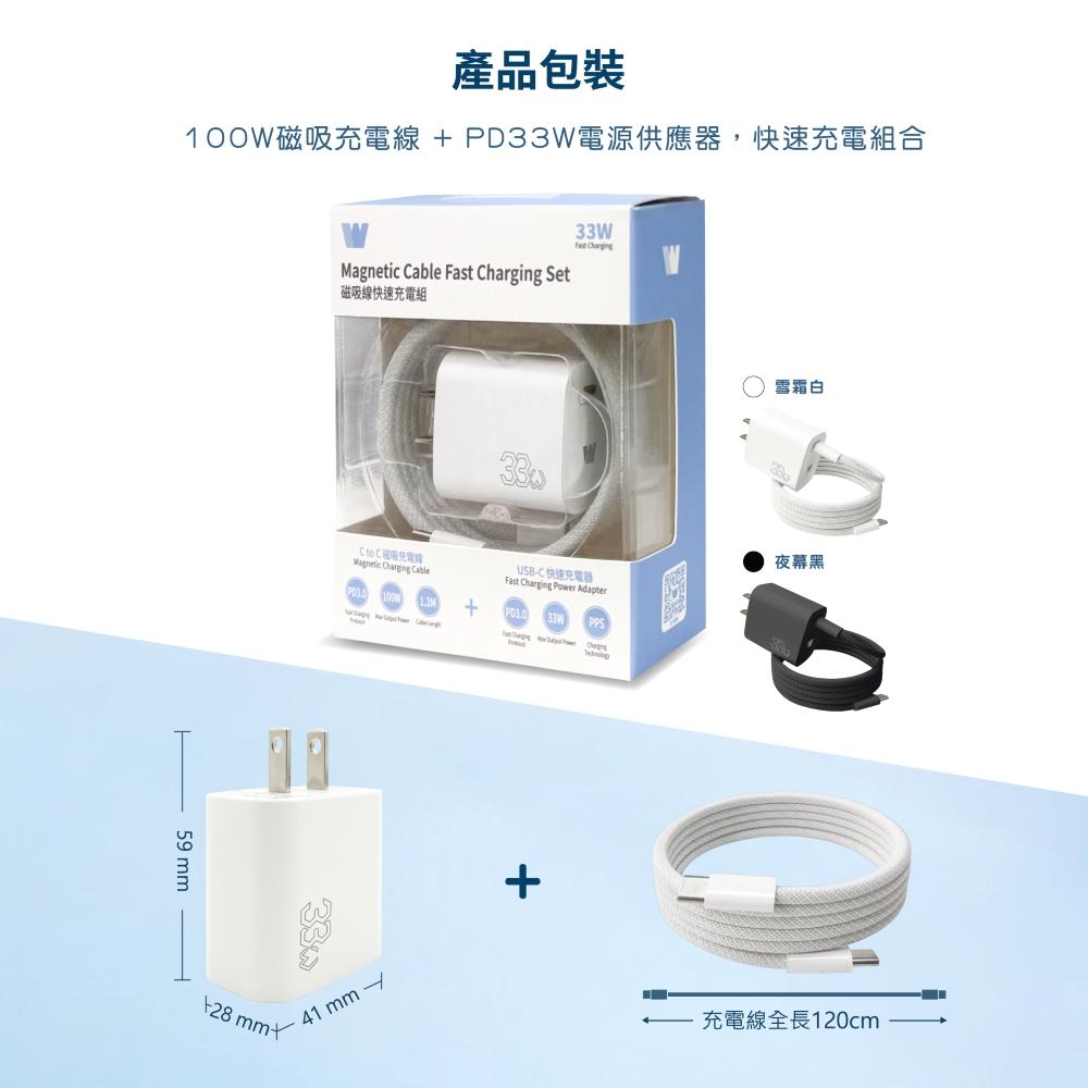 磁吸線快速充電組 | PD33W電源供應器 + 100W磁吸充電線 C to C | PD3.0 線長120cm