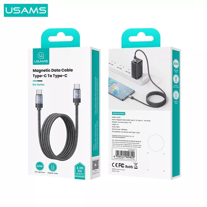 USAMS 60W 磁吸 數據線 Type-C To C | 適用 iPhone15/16 平板 手機 充電線 快充
