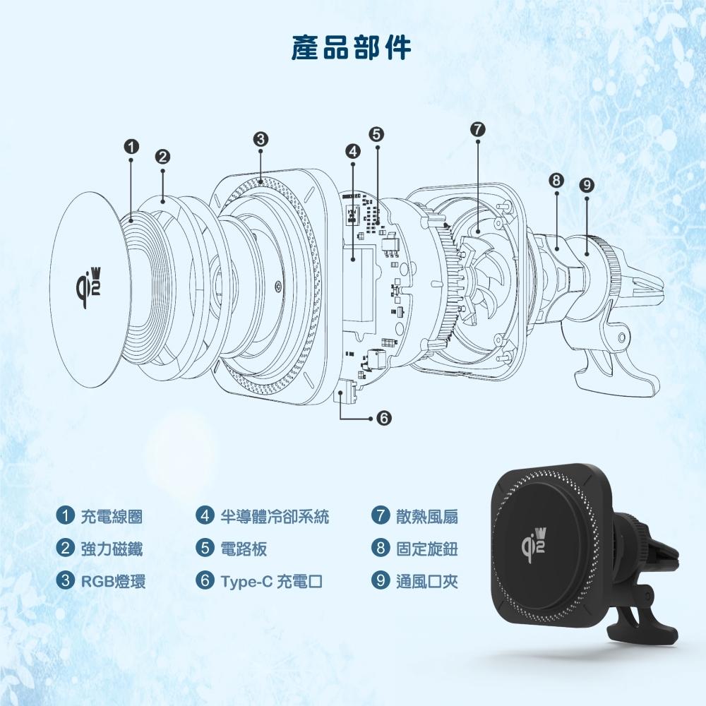 QI2-15W 車用無線充電器 | 磁吸 半導體製冷 散熱風扇 炫酷RGB彩燈