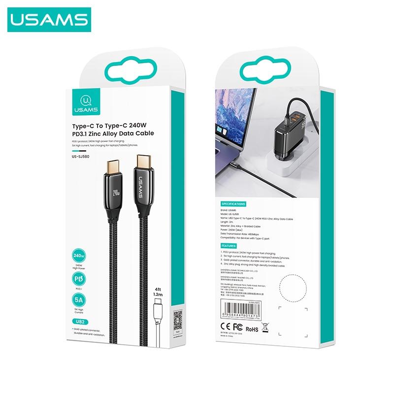 USAMS 240W PD3.1鋅合金數據線 Type-C To C | 黑金 編織線 快充 筆電 適用 iPhone