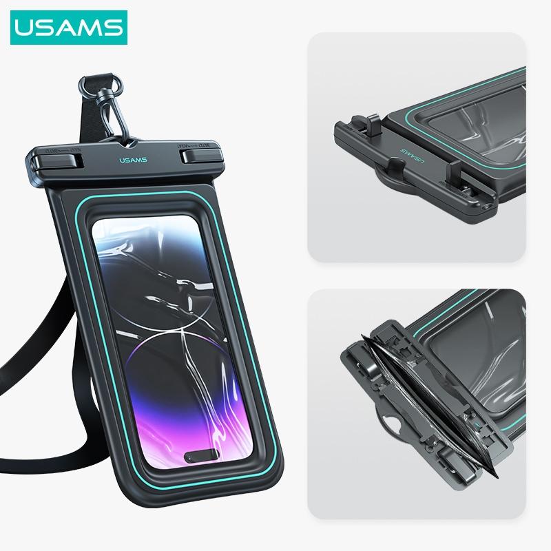 USAMS 6.7寸海綿漂浮手機防水袋 | IP68級防水 可拆卸掛繩 旋轉卡扣 高透PVC膜 戲水 玩水 游泳 雨天