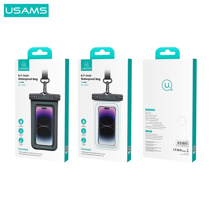 USAMS 6.7寸海綿漂浮手機防水袋 | IP68級防水 可拆卸掛繩 旋轉卡扣 高透PVC膜 戲水 玩水 游泳 雨天
