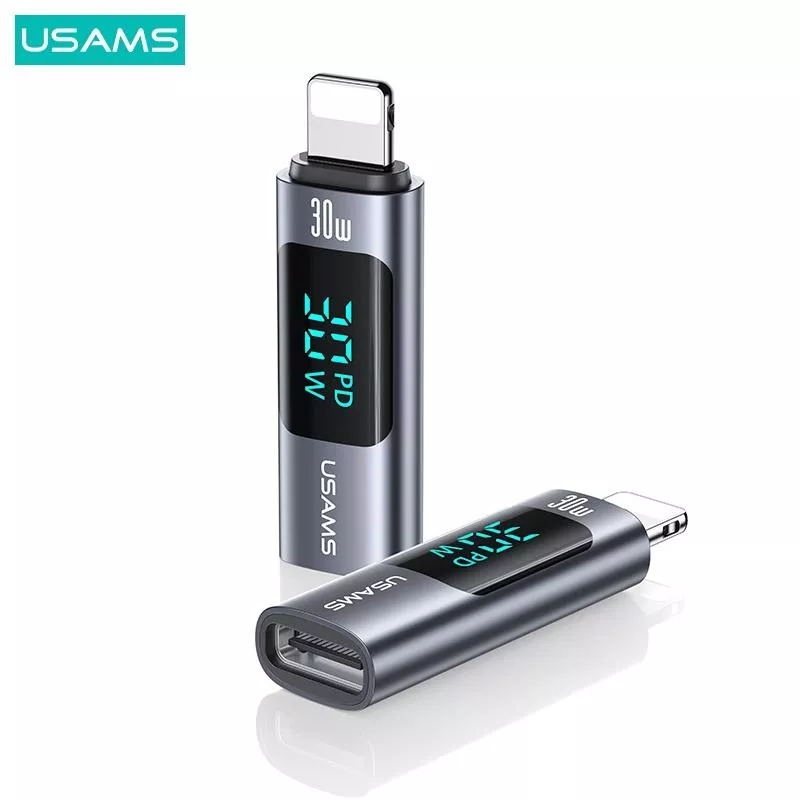 USAMS 30W C轉L 鋁合金功率數顯轉接頭 | PD快充 充電 傳輸 智能數顯 鋁合金 適用iPhone