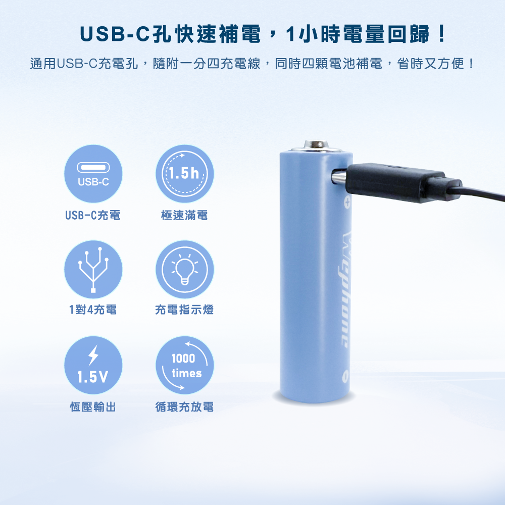 USB-C 可充式 鋰電池4入組 | 商檢認證 Wephone 充電電池 3號 三號電池  USB 快充