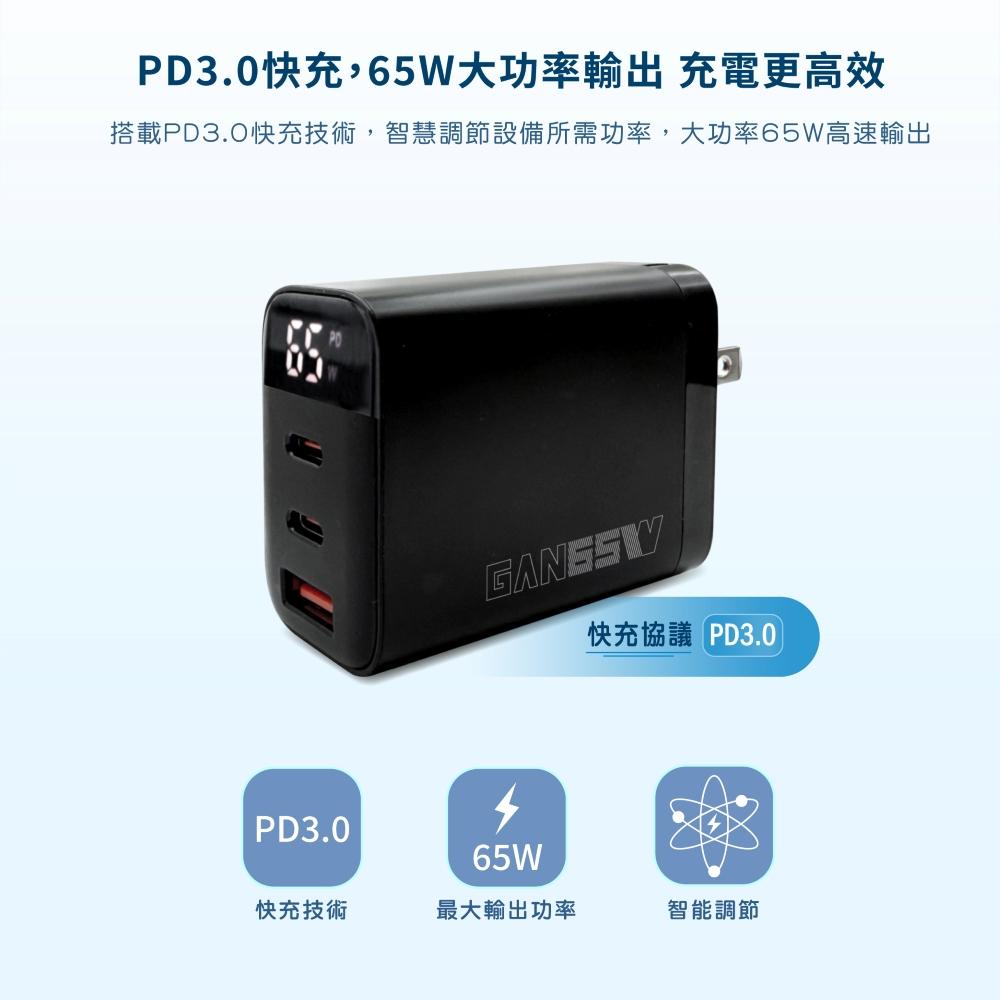 【Wephone】65W氮化鎵充電器 | 數顯 智能充電顯示 三孔 GaN 摺疊插頭 PD3.0 多重保護 BSMI認證