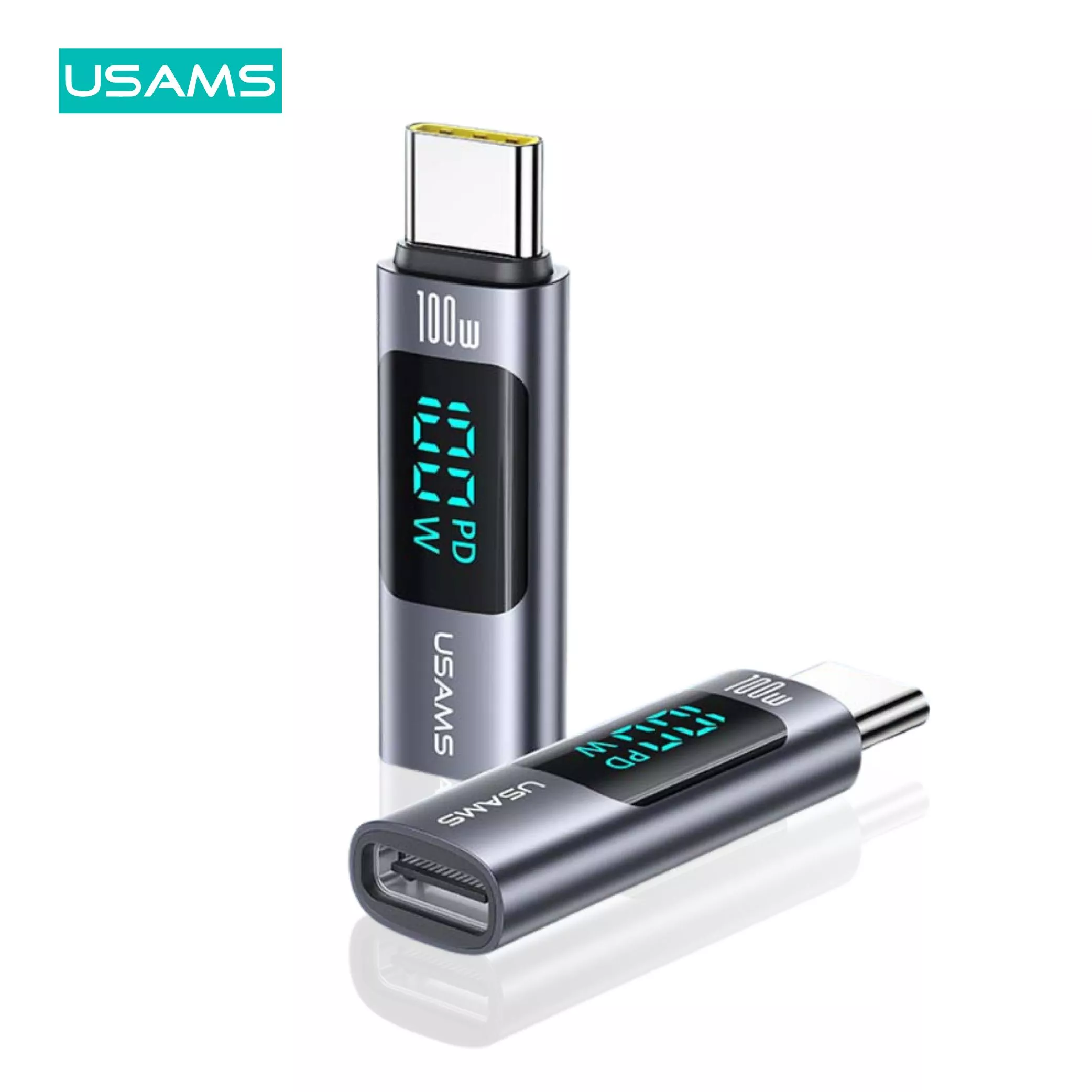 USAMS 100W C轉C 鋁合金功率數顯轉接頭 | PD快充 充電 傳輸 智能數顯 鋁合金 小巧 Type-C 轉換