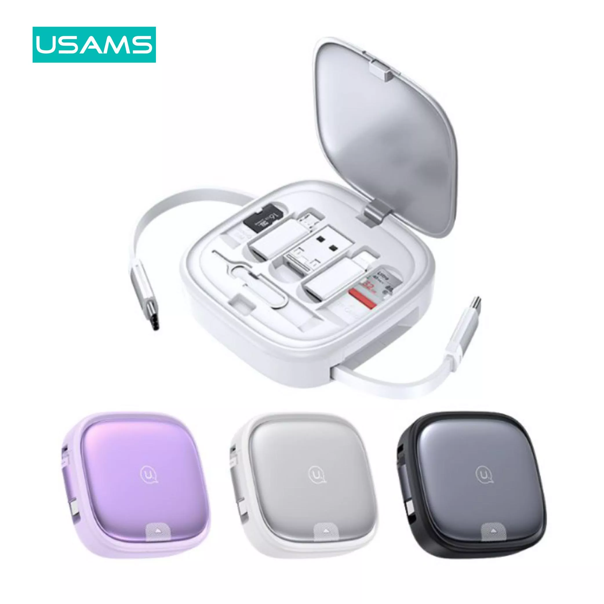 USAMS 多功能伸縮數據線收納盒 1m | 傳輸線 充電  轉換頭  更換接口 適用手機、筆電、iPad等