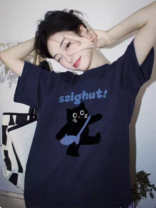 美式復古小黑貓圓領純棉T