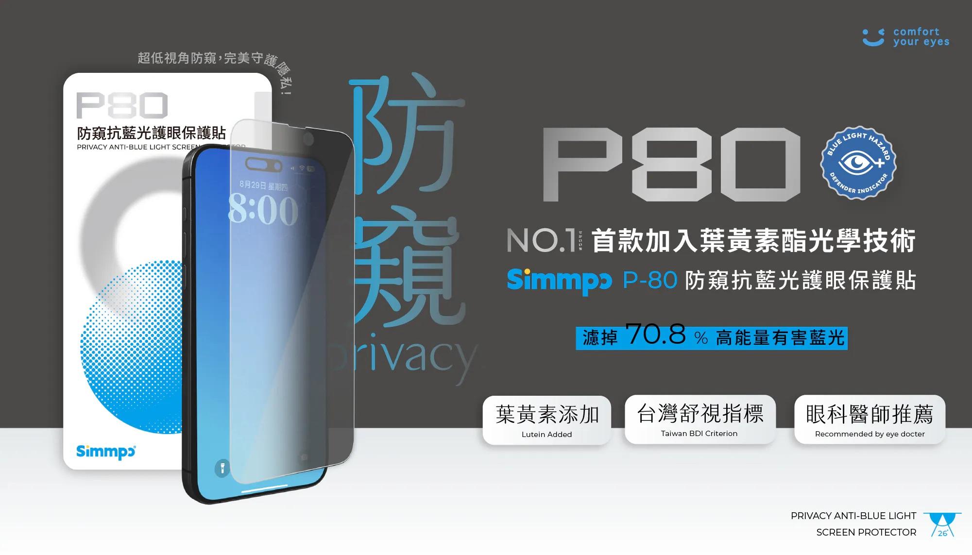 Simmpo P-80 防窺抗藍光保護貼 - 精選商品