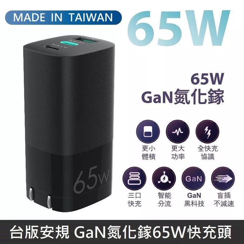 MINE峰 GaN氮化鎵 65W快充 智能充電器 快充頭 三孔電源供應器 支援筆電快充 - 黑色 MCK-U365