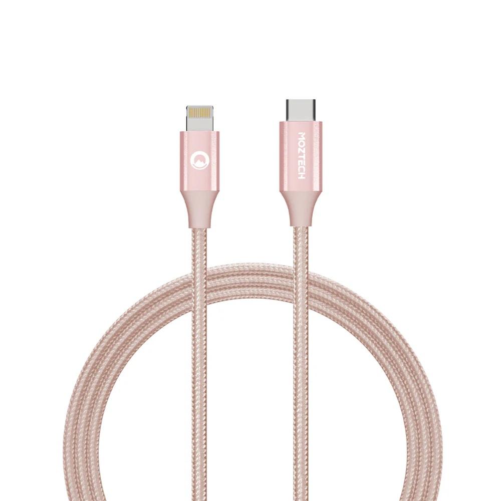 MOZTECH 編織傳輸充電線 蘋果MFi認證 USB-C to Lightning 1.2M - 黑色/粉色/黃色