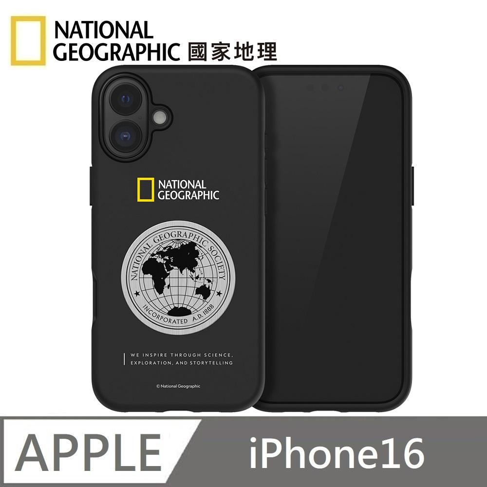 National Geographic 國家地理 Metal Deco 地球徽章 防摔保護殼 手機殼 適用 iPhone 16 - 黑色