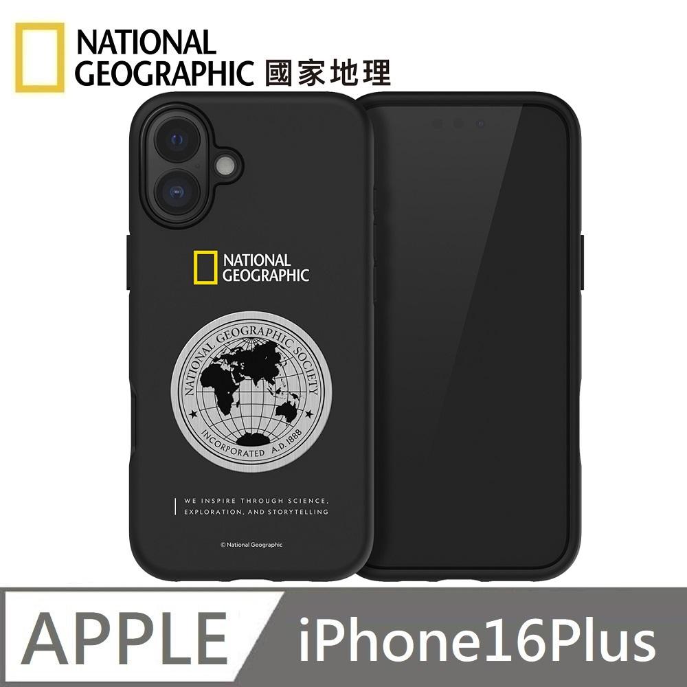 National Geographic 國家地理 Metal Deco 地球徽章 防摔保護殼 手機殼 適用 iPhone 16 Plus - 黑色