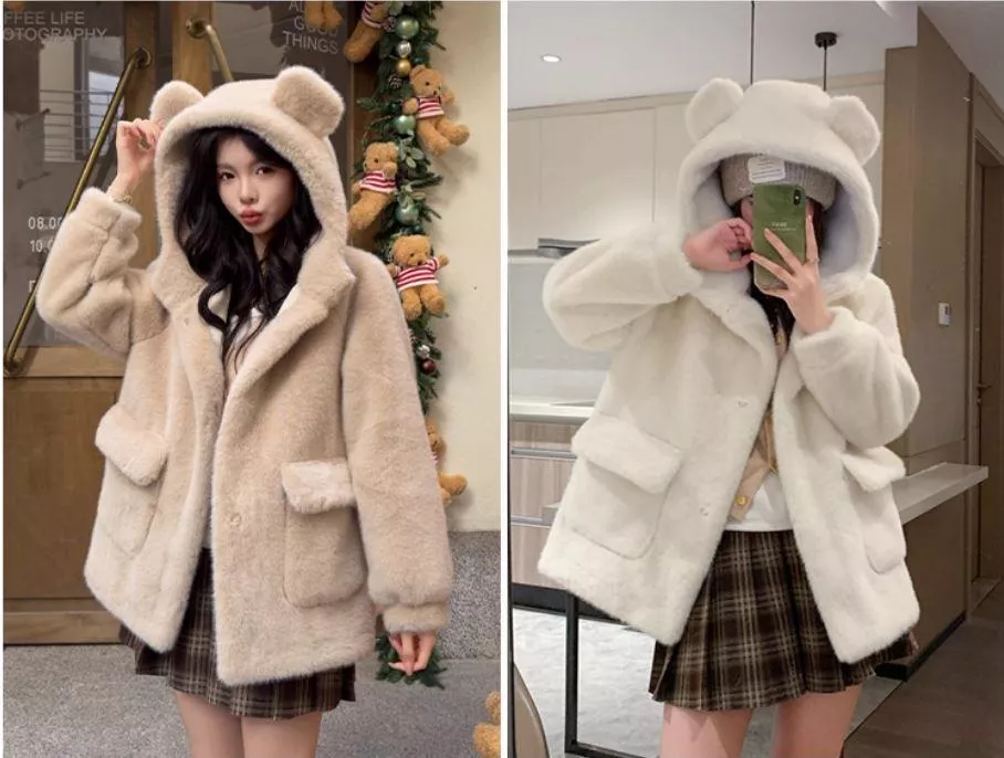 冬季可愛小熊耳朵皮草羊羔毛外套