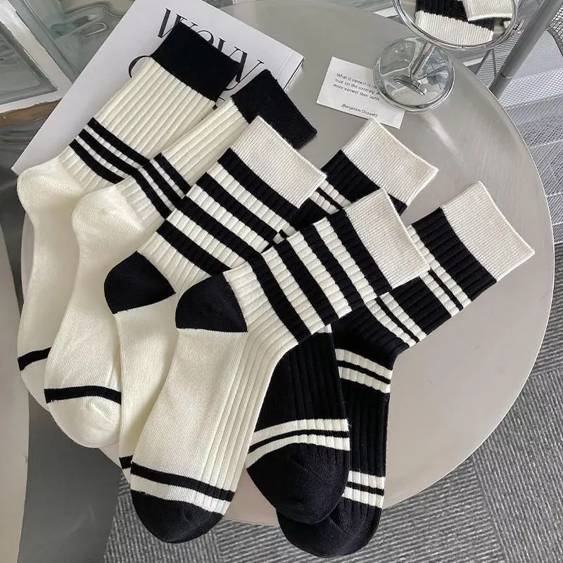 黑白條紋字母夏季吸汗防臭休閒運動襪 撞色全棉中筒襪