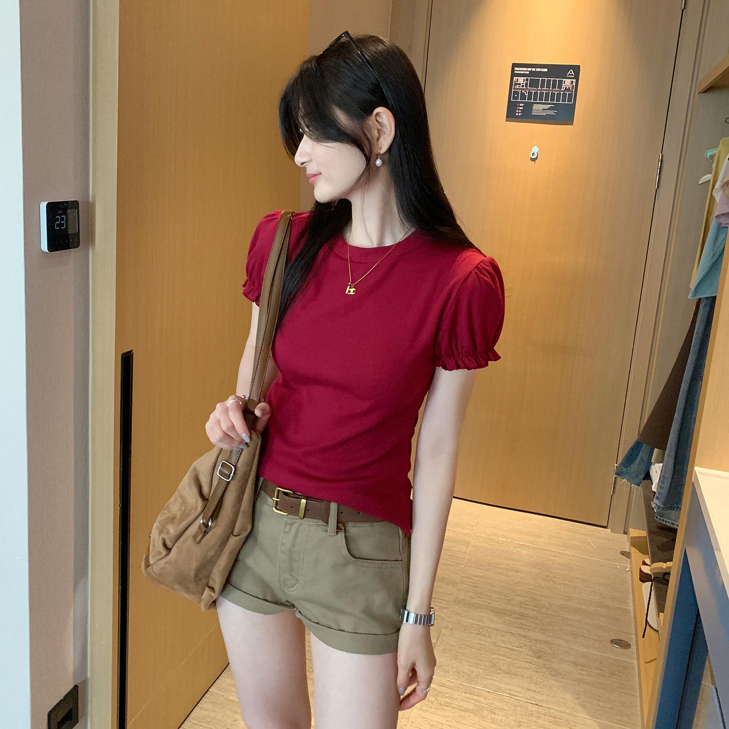 2025絕美泡泡袖修身圓領上衣B114
