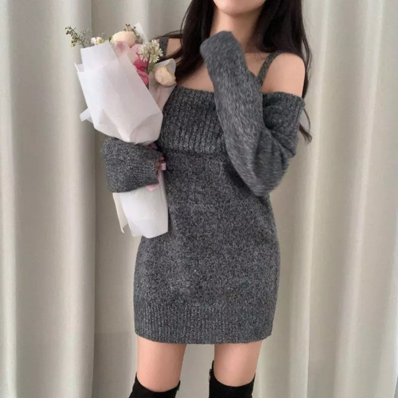性感露肩一字領針織洋裝氣質洋氣吊帶毛衣裙B174