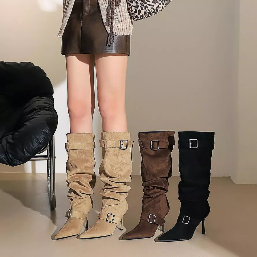 2025皮帶扣尖頭褶皺堆堆高跟騎士靴M673