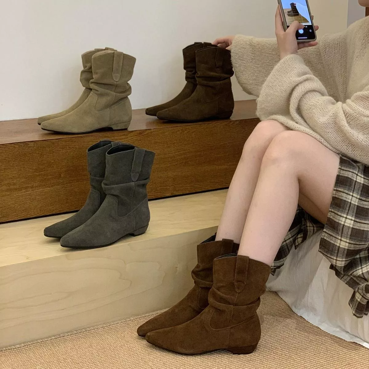 軟皮！復古低跟尖頭西部牛仔堆堆靴M678