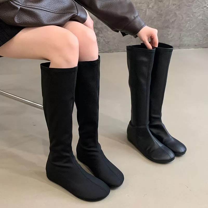 2025復古小眾設計長芒果頭平底彈性靴M681