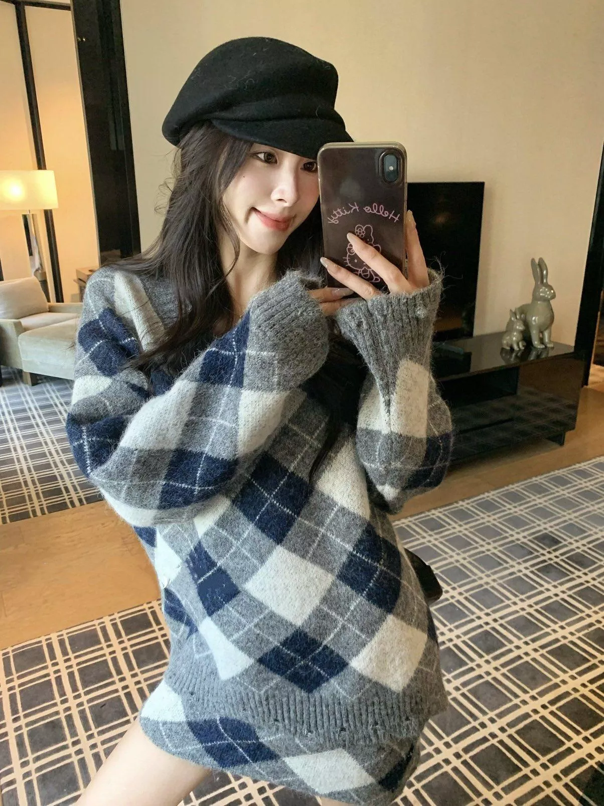 2025撞色菱格V領套頭毛衣套裝B181