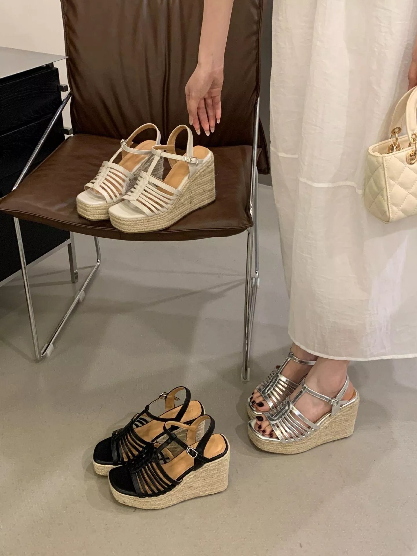 2026新款方頭露趾編織麻繩厚底坡跟涼鞋A2615