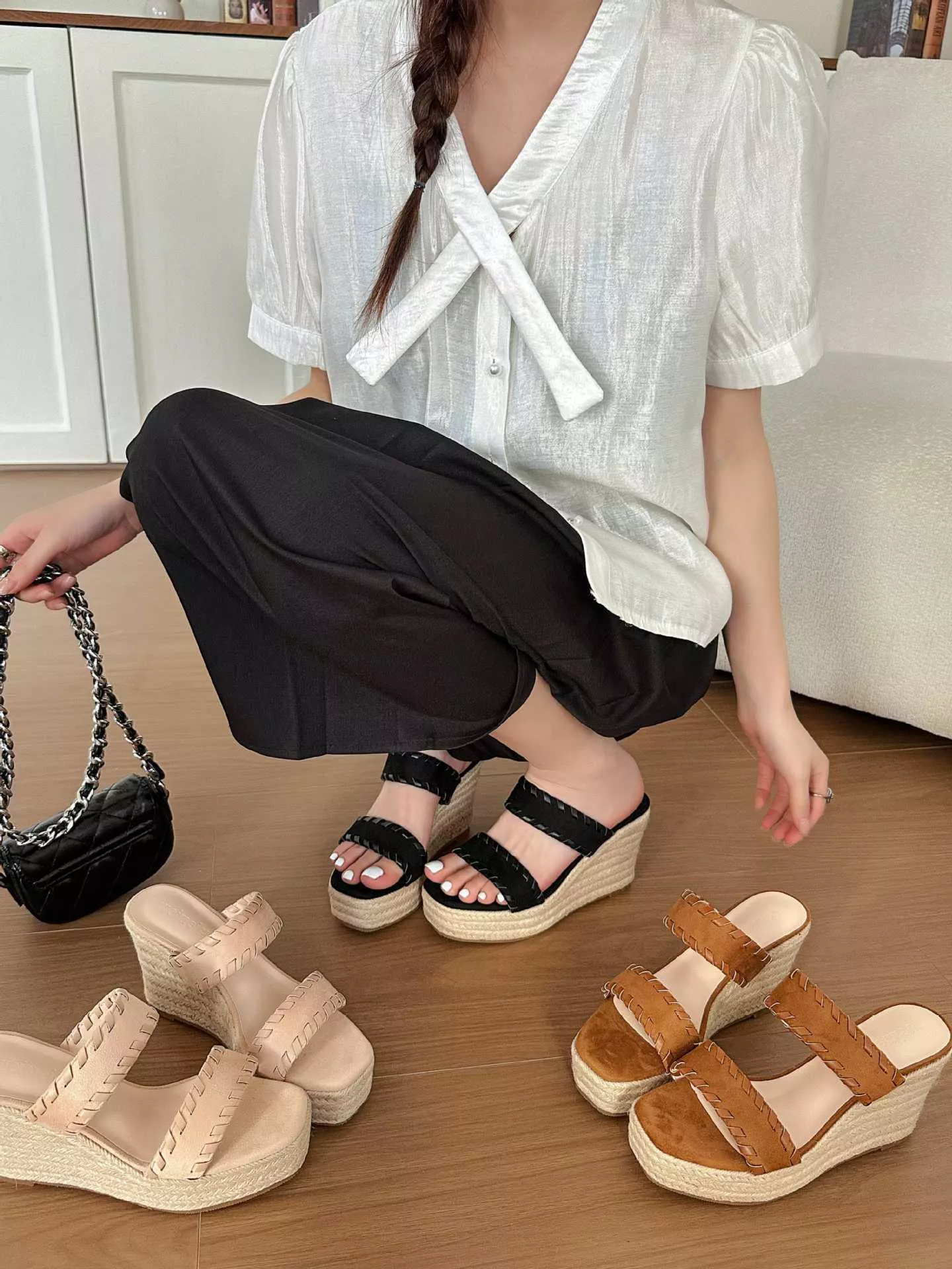 2026年夏季新款方頭露趾編織麻繩坡跟涼拖鞋A2616