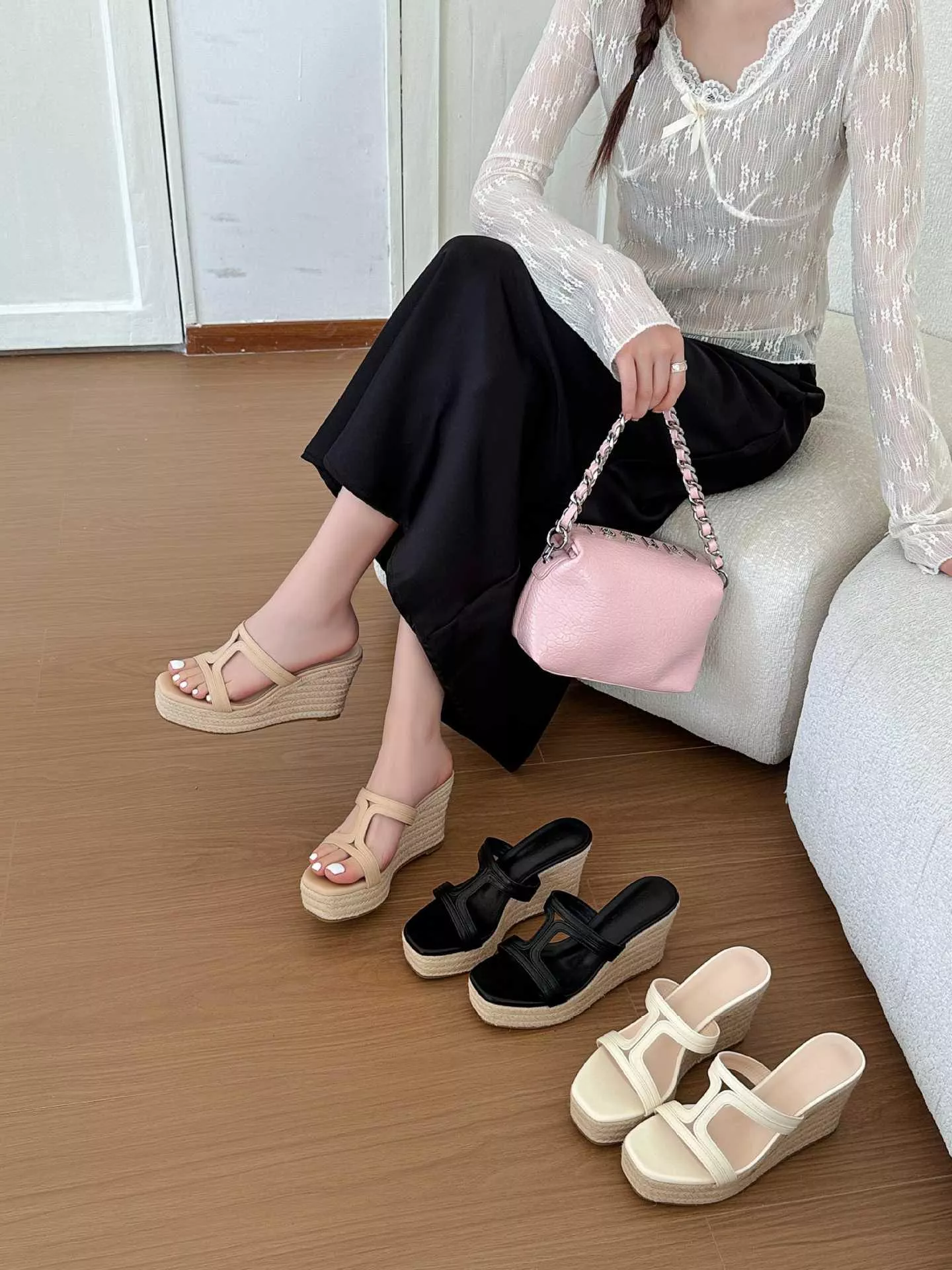 2026夏季新款方頭露趾麻繩厚底坡跟涼拖鞋A2623