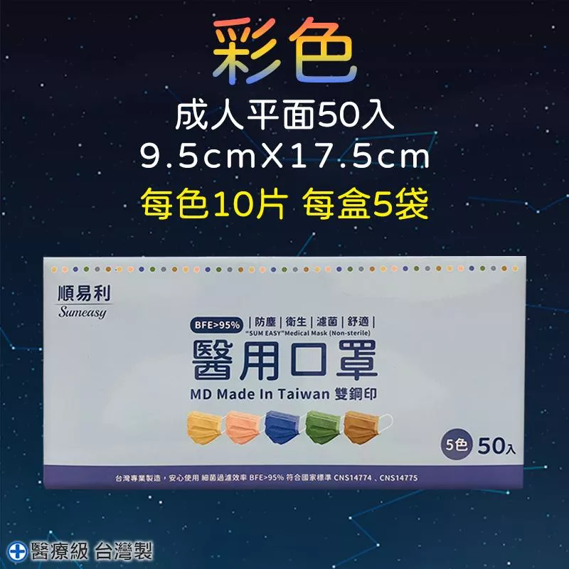 順易利 成人醫用平面口罩-綜合50入