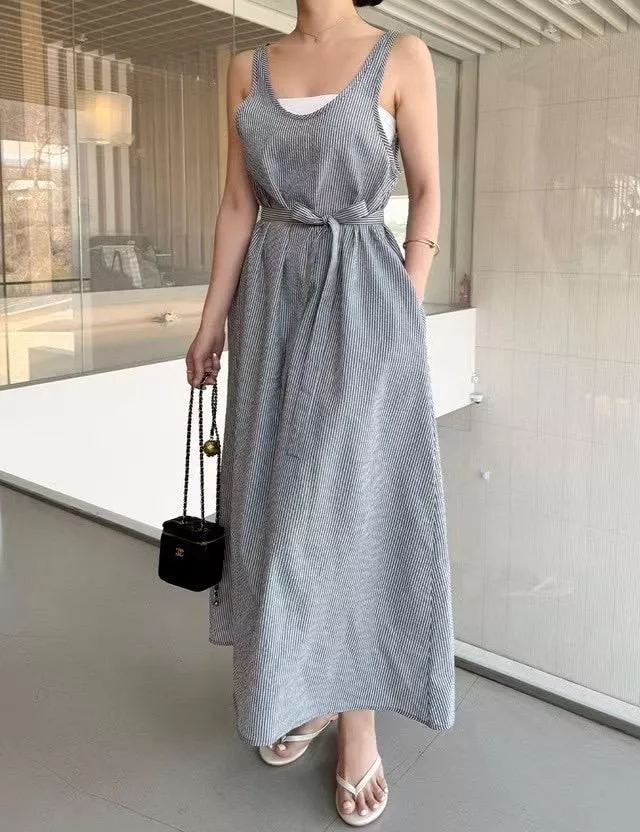 韓國東大門直送・細條紋綁帶長洋裝