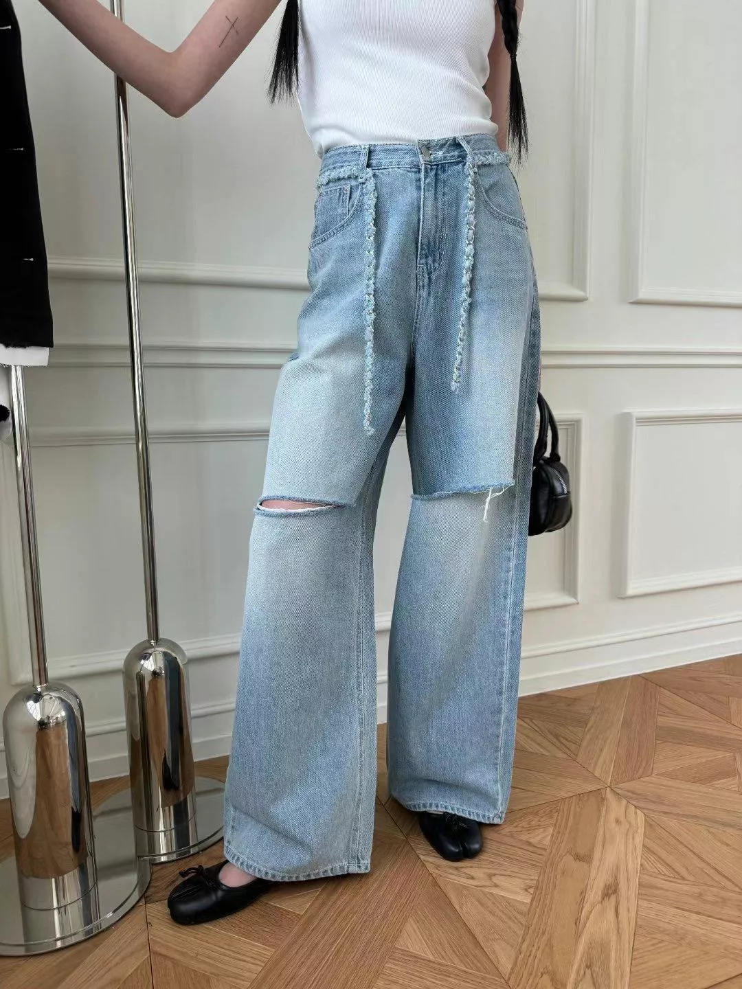 韓國東大門直送｜膝破牛仔褲（附腰帶繩）