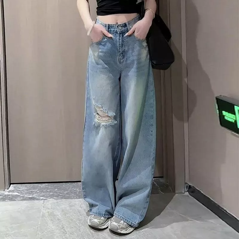 Celana Jeans Kulot Wide Leg Robek Wanita – 👖 高腰寬鬆破洞牛仔褲女 – 韓系復古街頭風百搭款