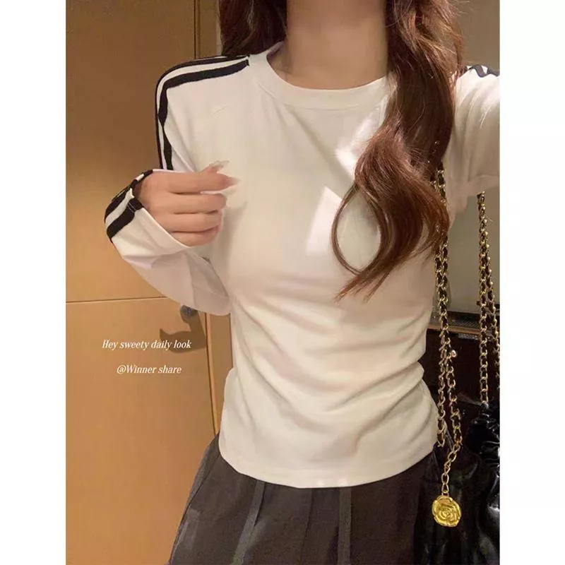 Kaos Lengan Panjang Garis Simple 韓系條紋拼接長袖上衣