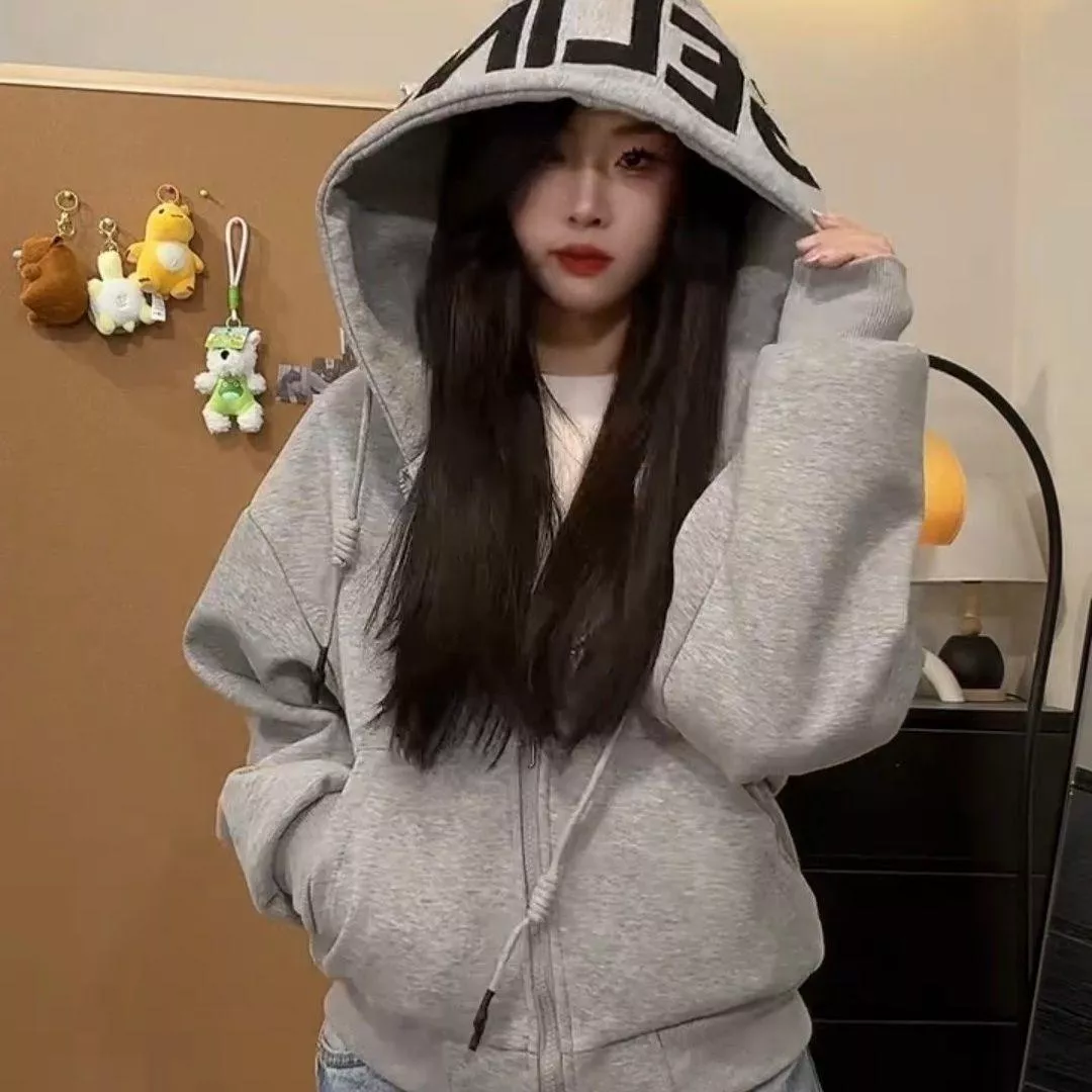 Jaket Hoodie Crop Gaya Amerika 春季美式休閒風短款連帽外套